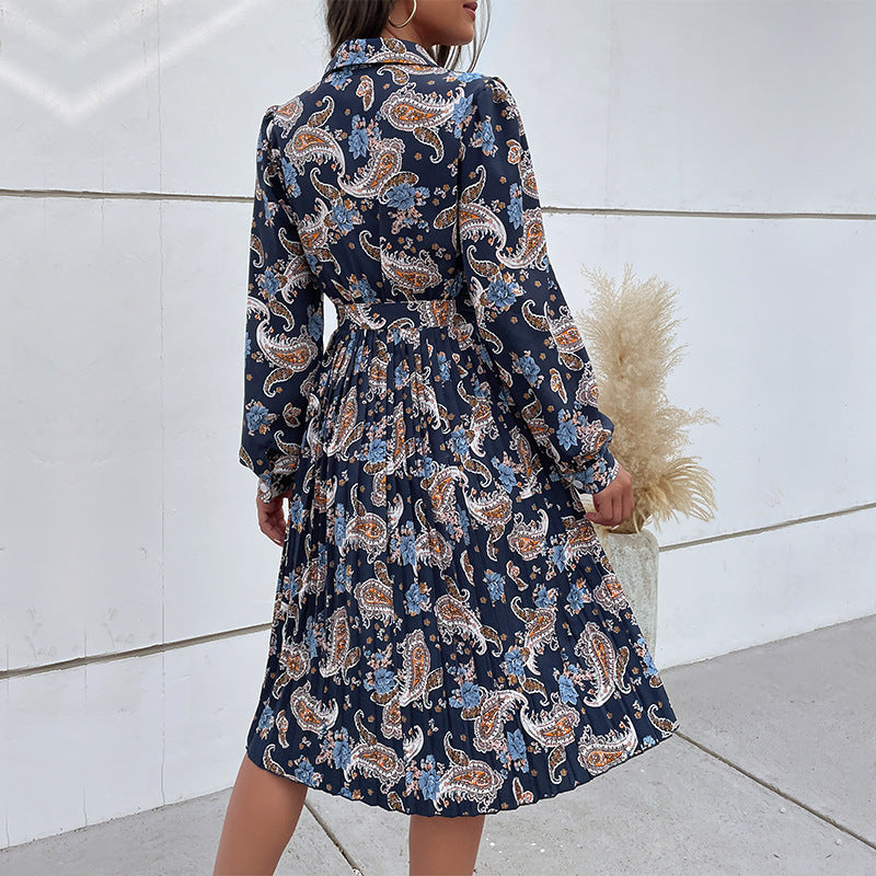 Paisley Print Shirt Dress with Pleated Midi Skirt