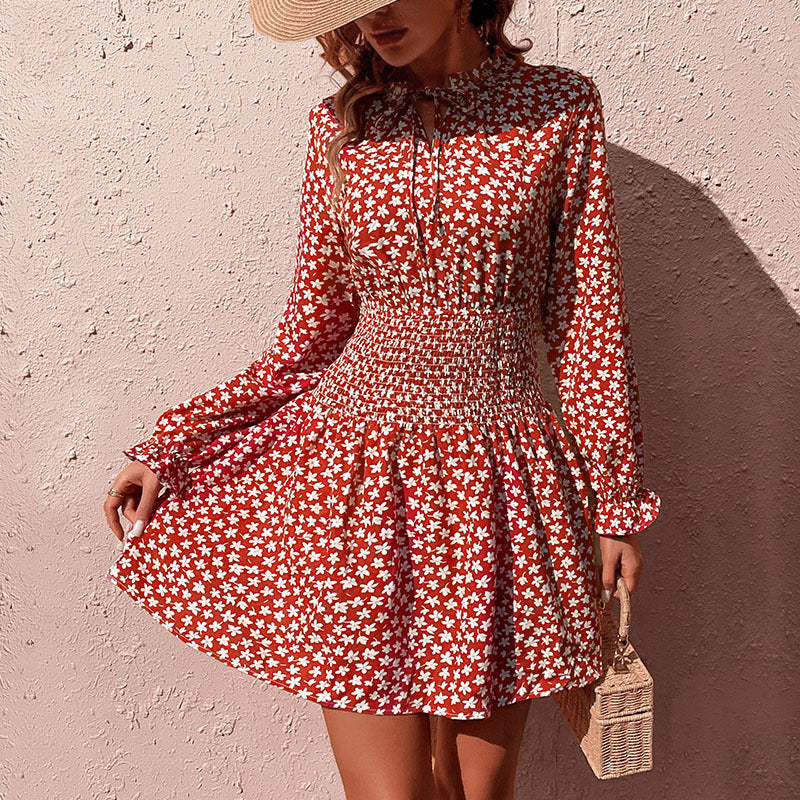Floral Print Long-Sleeve Mini Dress with Smocked Waist