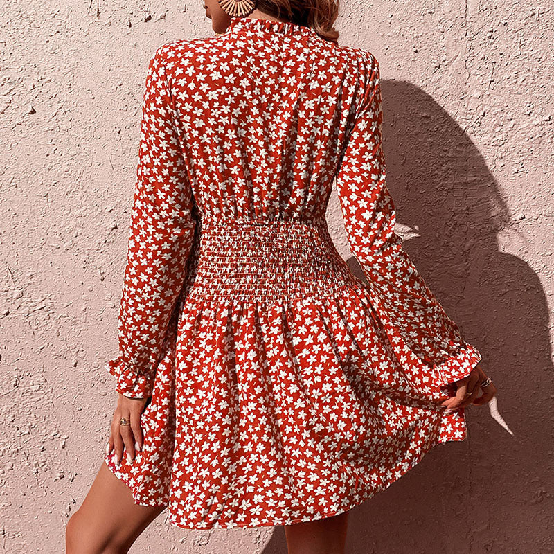 Floral Print Long-Sleeve Mini Dress with Smocked Waist