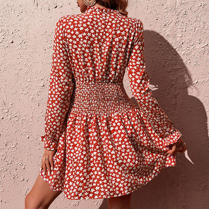 Floral Print Long-Sleeve Mini Dress with Smocked Waist