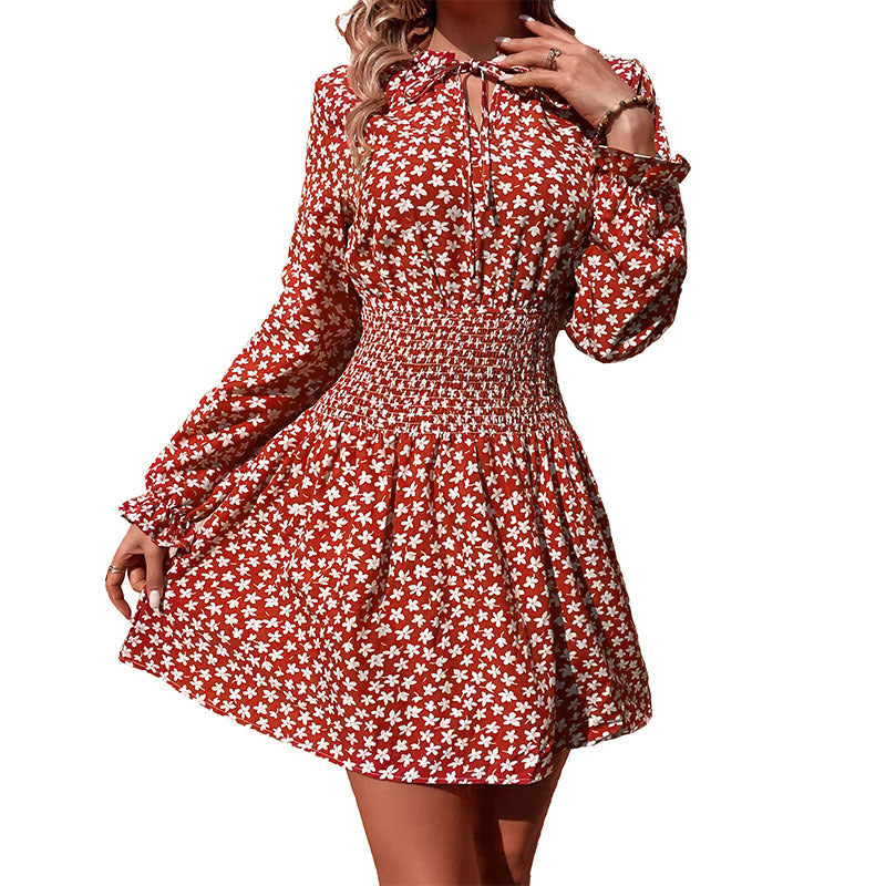 Floral Print Long-Sleeve Mini Dress with Smocked Waist