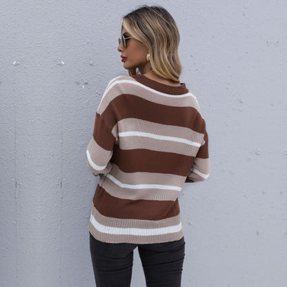 Relaxed Fit Striped Sweater with Crewneck and Long Sleeves