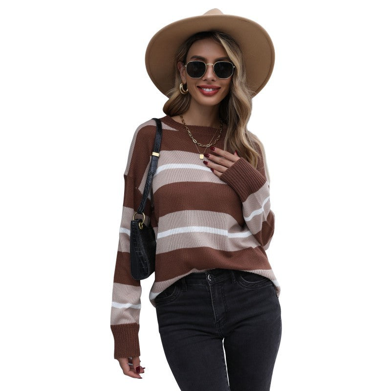 Relaxed Fit Striped Sweater with Crewneck and Long Sleeves
