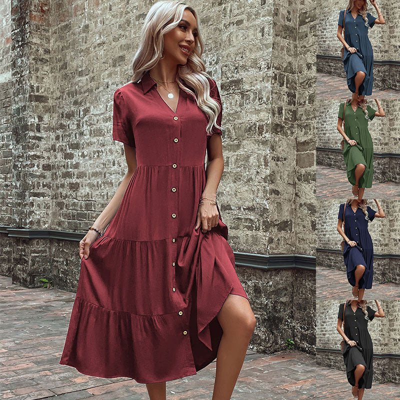 Solid Tiered Midi Shirt Dress with V-Neck and Button Front