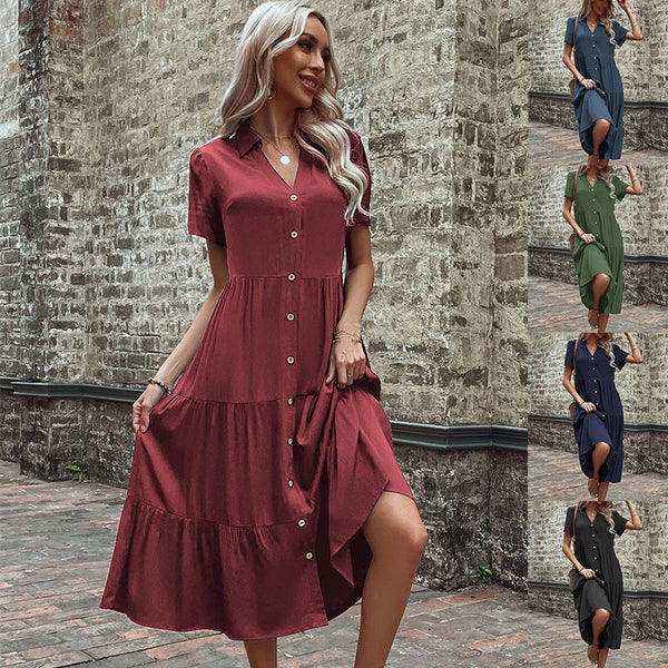 Solid Tiered Midi Shirt Dress with V-Neck and Button Front