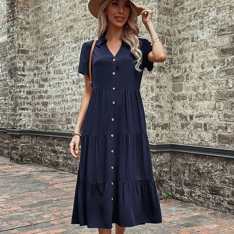 Solid Tiered Midi Shirt Dress with V-Neck and Button Front