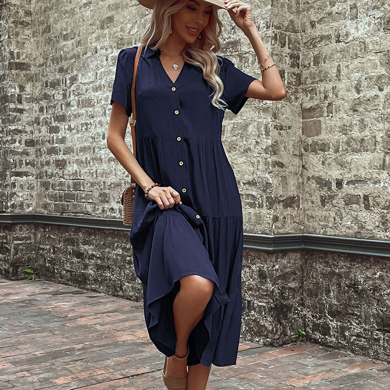 Solid Tiered Midi Shirt Dress with V-Neck and Button Front