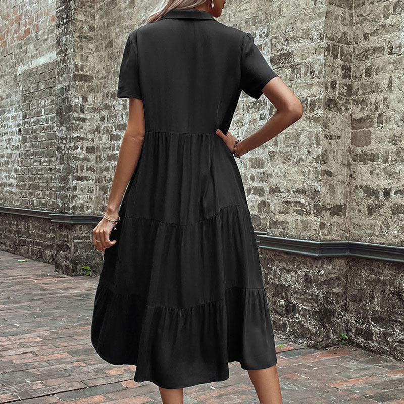 Solid Tiered Midi Shirt Dress with V-Neck and Button Front