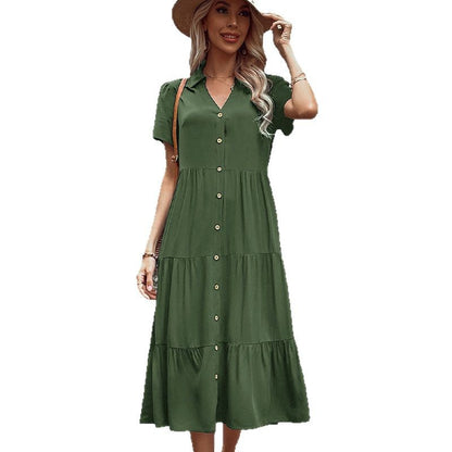 Solid Tiered Midi Shirt Dress with V-Neck and Button Front