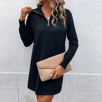 Solid Knit Mini Dress with Quarter-Zip Collar