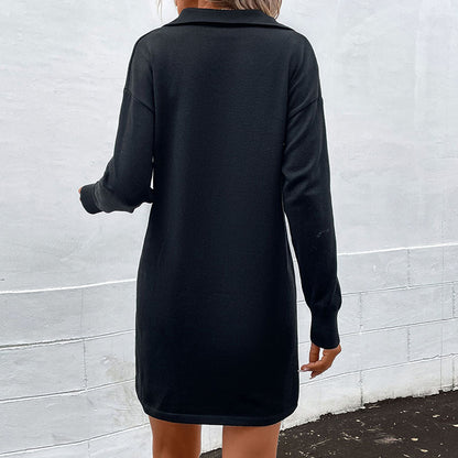 Solid Knit Mini Dress with Quarter-Zip Collar