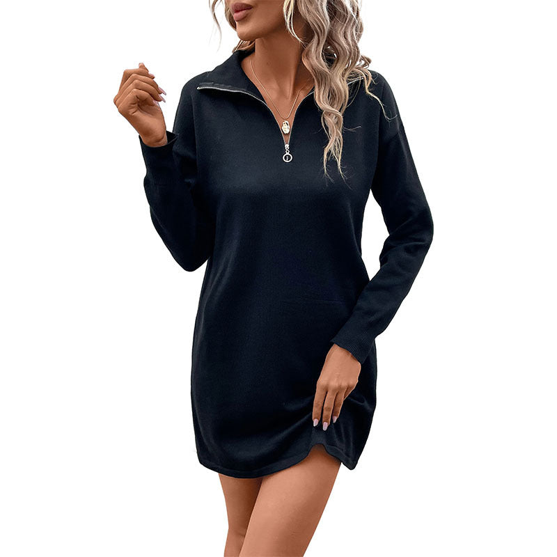 Solid Knit Mini Dress with Quarter-Zip Collar