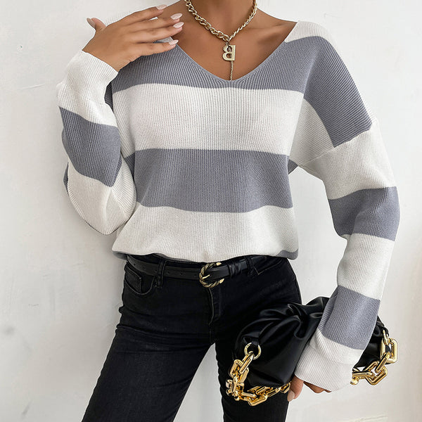 Loose Fit Striped Pullover Sweater with V-Neck and Long Sleeves