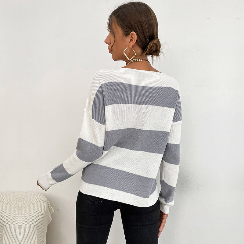 Loose Fit Striped Pullover Sweater with V-Neck and Long Sleeves