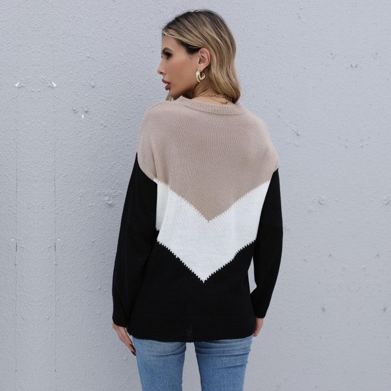 V-Shape Color Block Pullover Sweater with Semi-High Collar