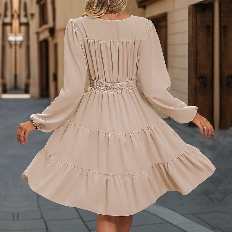 Solid Tiered Ruffle Dress with V-Neck and Long Puff Sleeves