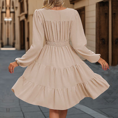 Solid Tiered Ruffle Dress with V-Neck and Long Puff Sleeves