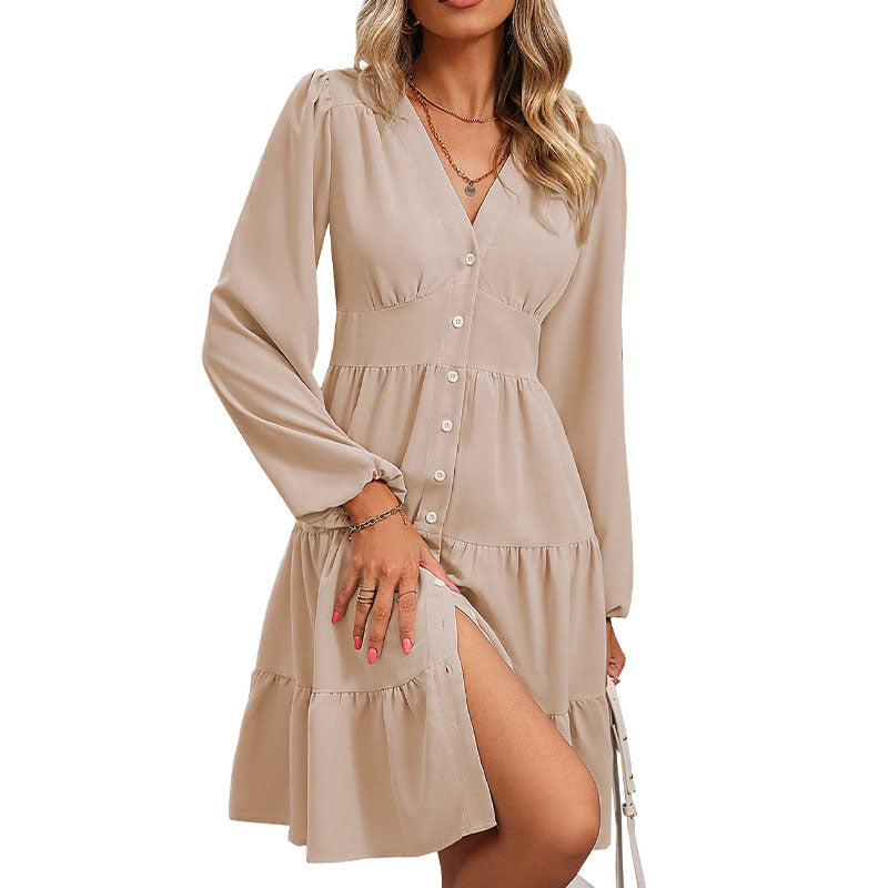 Solid Tiered Ruffle Dress with V-Neck and Long Puff Sleeves