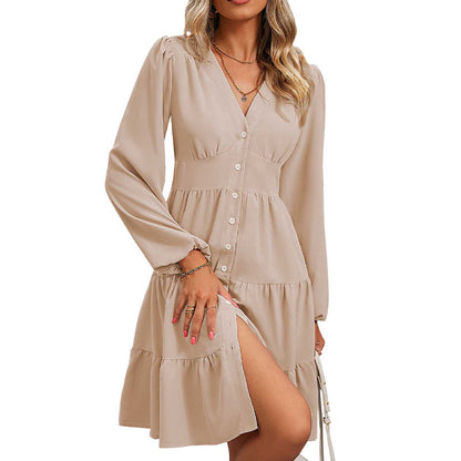 Solid Tiered Ruffle Dress with V-Neck and Long Puff Sleeves