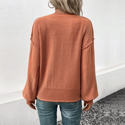 Loose Fit V-Neck Sweater with Frayed Lantern Sleeves