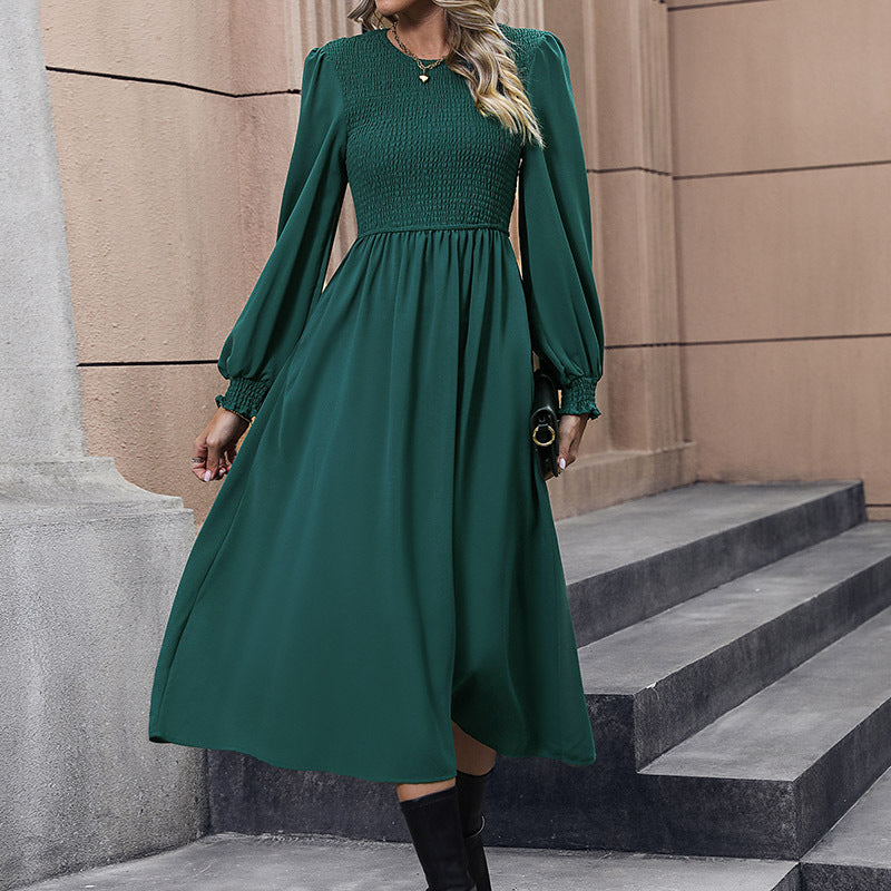 A-Line Midi Dress with Smocked Bodice and Balloon Sleeves