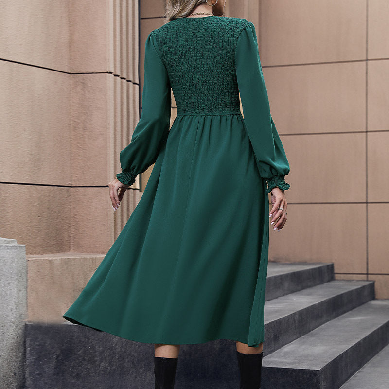 A-Line Midi Dress with Smocked Bodice and Balloon Sleeves