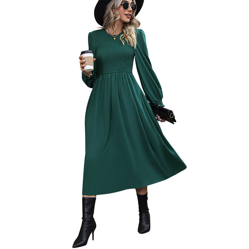A-Line Midi Dress with Smocked Bodice and Balloon Sleeves