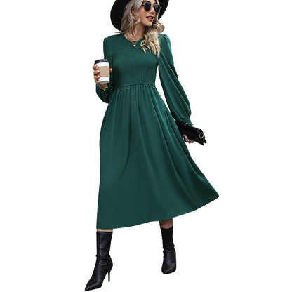 A-Line Midi Dress with Smocked Bodice and Balloon Sleeves