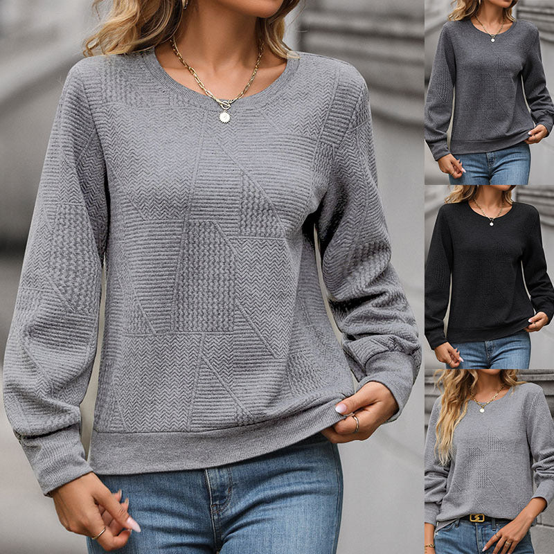 Long-Sleeved Jacquard Knit Sweatshirt with Round Neck