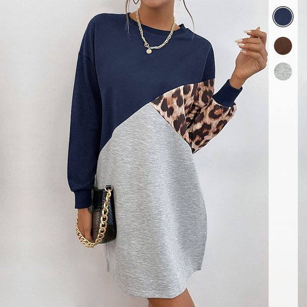 Diagonal Color Block Sweatshirt Dress with Leopard Print
