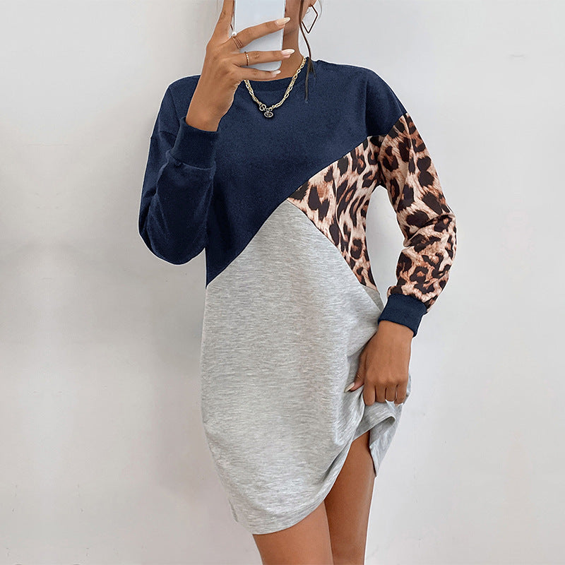 Diagonal Color Block Sweatshirt Dress with Leopard Print
