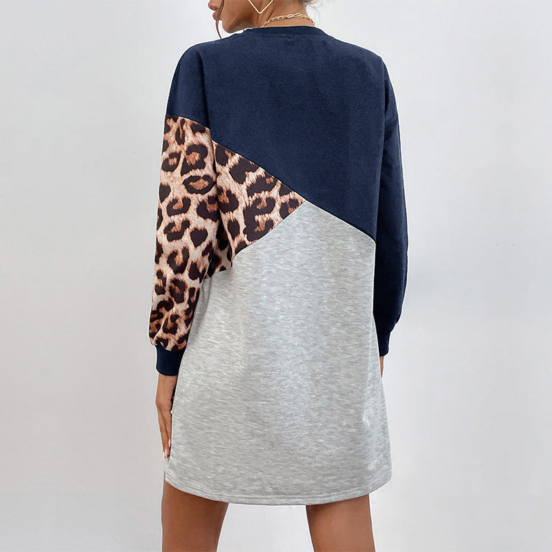 Diagonal Color Block Sweatshirt Dress with Leopard Print