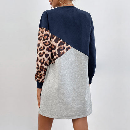 Diagonal Color Block Sweatshirt Dress with Leopard Print