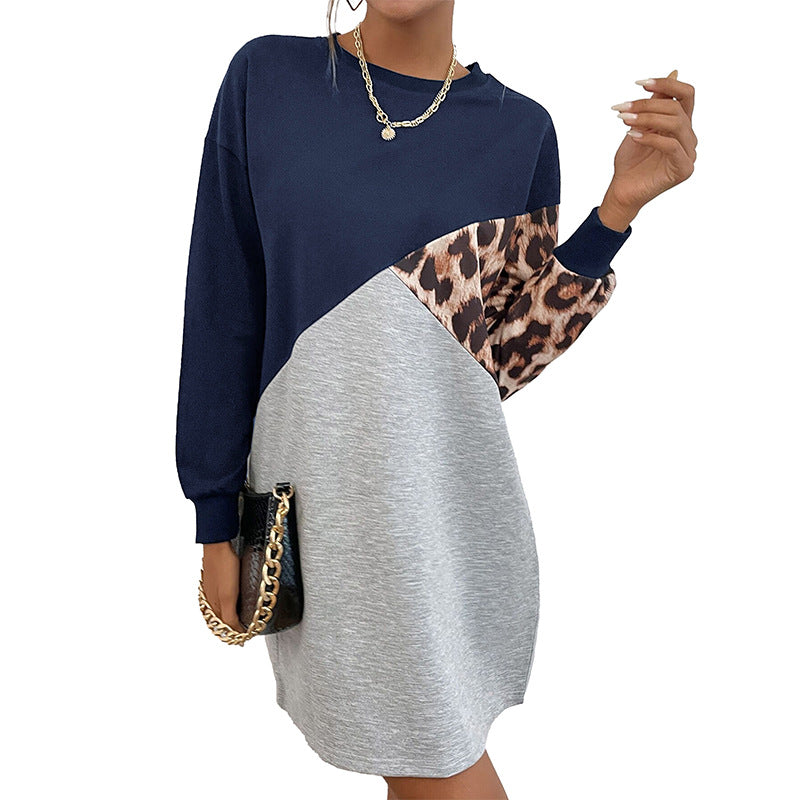 Diagonal Color Block Sweatshirt Dress with Leopard Print