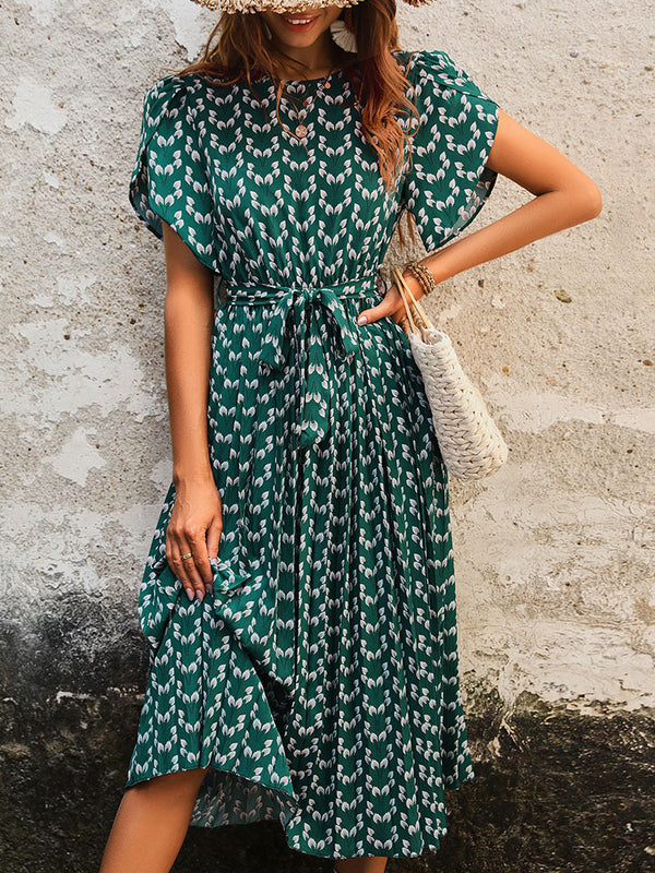 A-Line Floral Print Midi Dress with Pleated Skirt and Tie-Waist