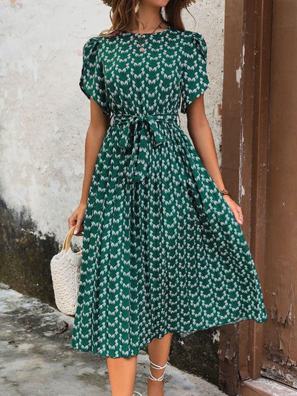 A-Line Floral Print Midi Dress with Pleated Skirt and Tie-Waist