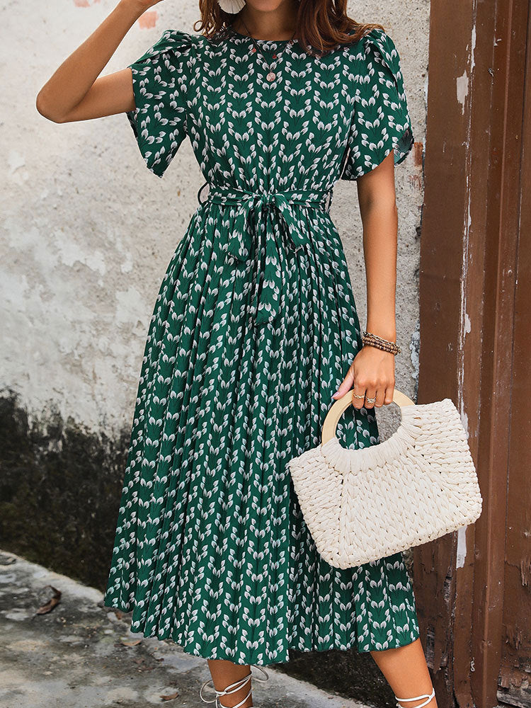 A-Line Floral Print Midi Dress with Pleated Skirt and Tie-Waist