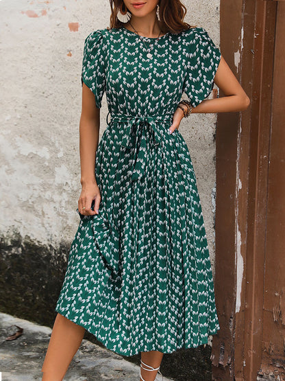 A-Line Floral Print Midi Dress with Pleated Skirt and Tie-Waist