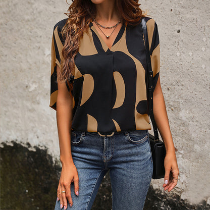 Abstract Print Blouse with V-Neck and Dolman Sleeves