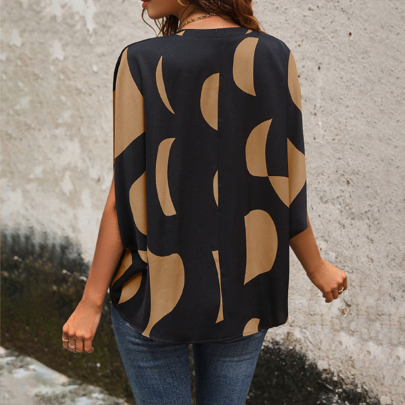 Abstract Print Blouse with V-Neck and Dolman Sleeves