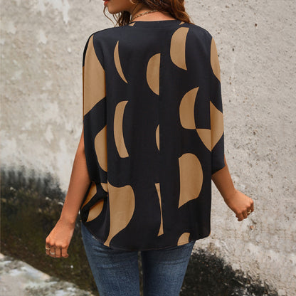 Abstract Print Blouse with V-Neck and Dolman Sleeves