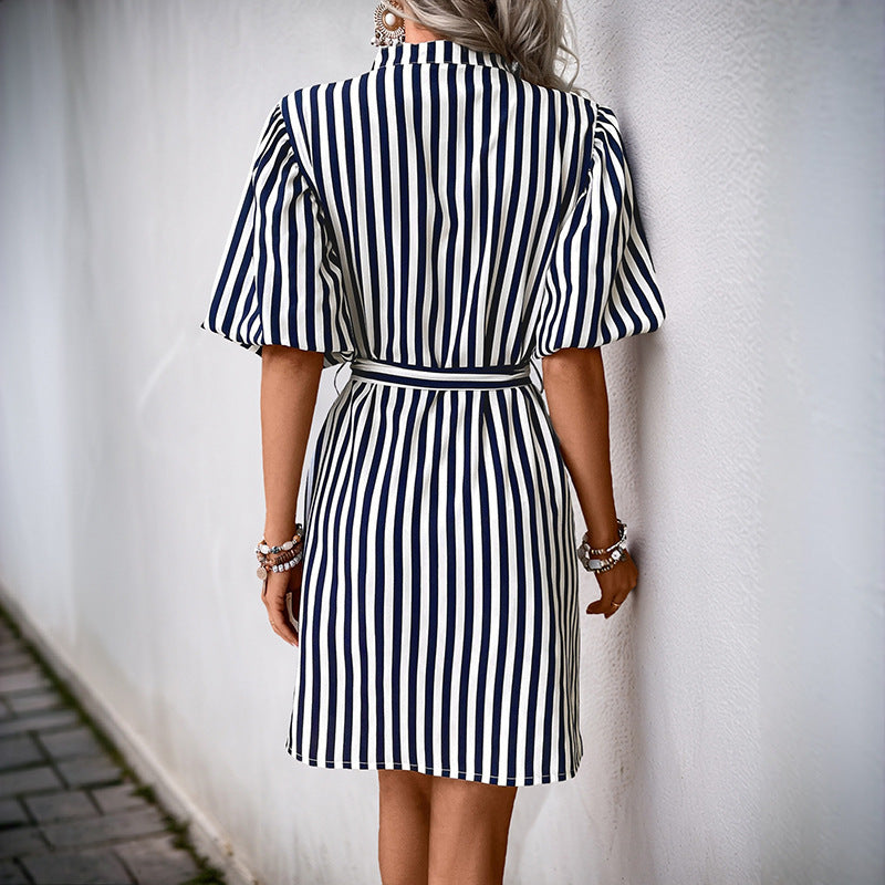 Striped Shirt Dress with Stand Collar and Tie-Waist