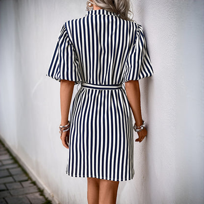 Striped Shirt Dress with Stand Collar and Tie-Waist