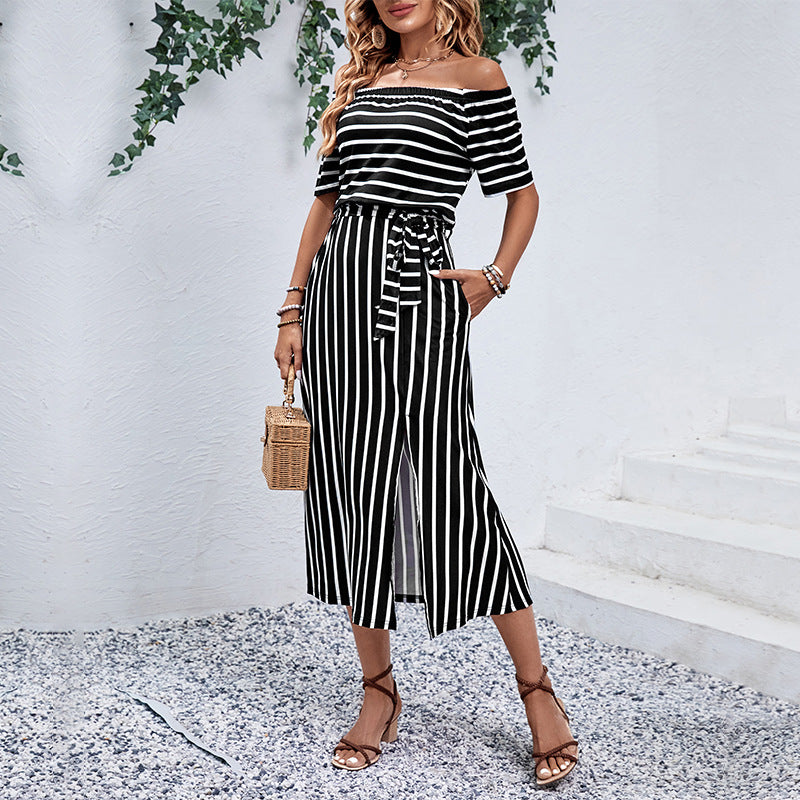 Striped Off-Shoulder Midi Dress with Tie-Waist and Slit