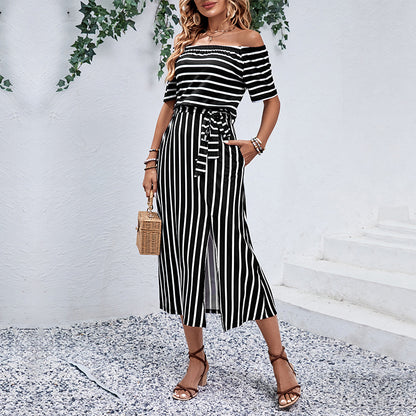 Striped Off-Shoulder Midi Dress with Tie-Waist and Slit