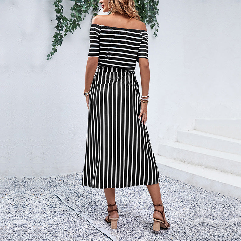 Striped Off-Shoulder Midi Dress with Tie-Waist and Slit