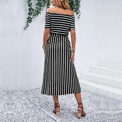 Striped Off-Shoulder Midi Dress with Tie-Waist and Slit