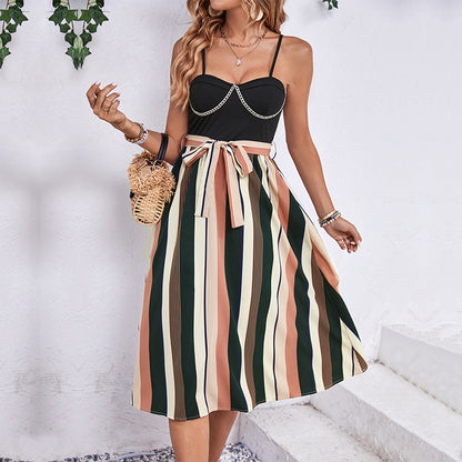 Striped A-Line Midi Dress with Spaghetti Straps and Chain Detail