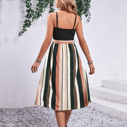 Striped A-Line Midi Dress with Spaghetti Straps and Chain Detail