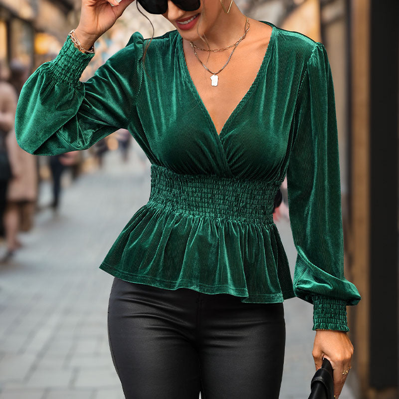 Ribbed Velvet Peplum Blouse with V-Neck and Smocked Waist